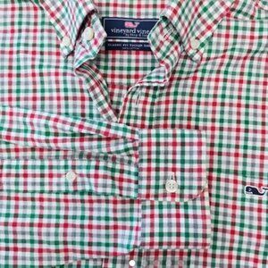 Vineyard Vines Slim Fit Whale Shirt Green Red White Gingham Plaid Men's Classic